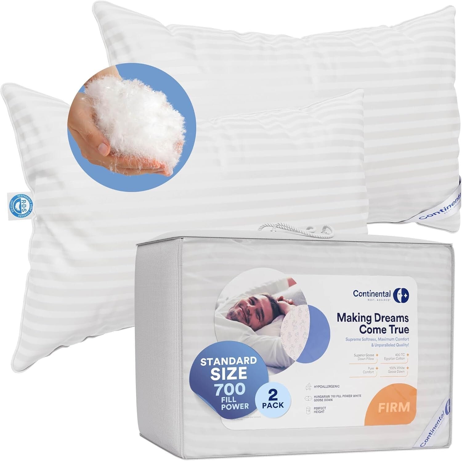 Elegant 700 Fill Power Hungarian Goose Down Pillows - 20 x 26 Inches, Pack of 2