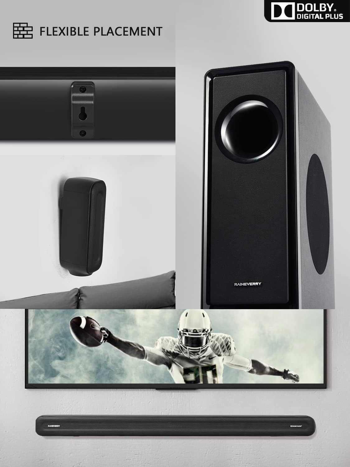 Dolby Surround Sound System with Wireless Subwoofer & Multi-Device Support