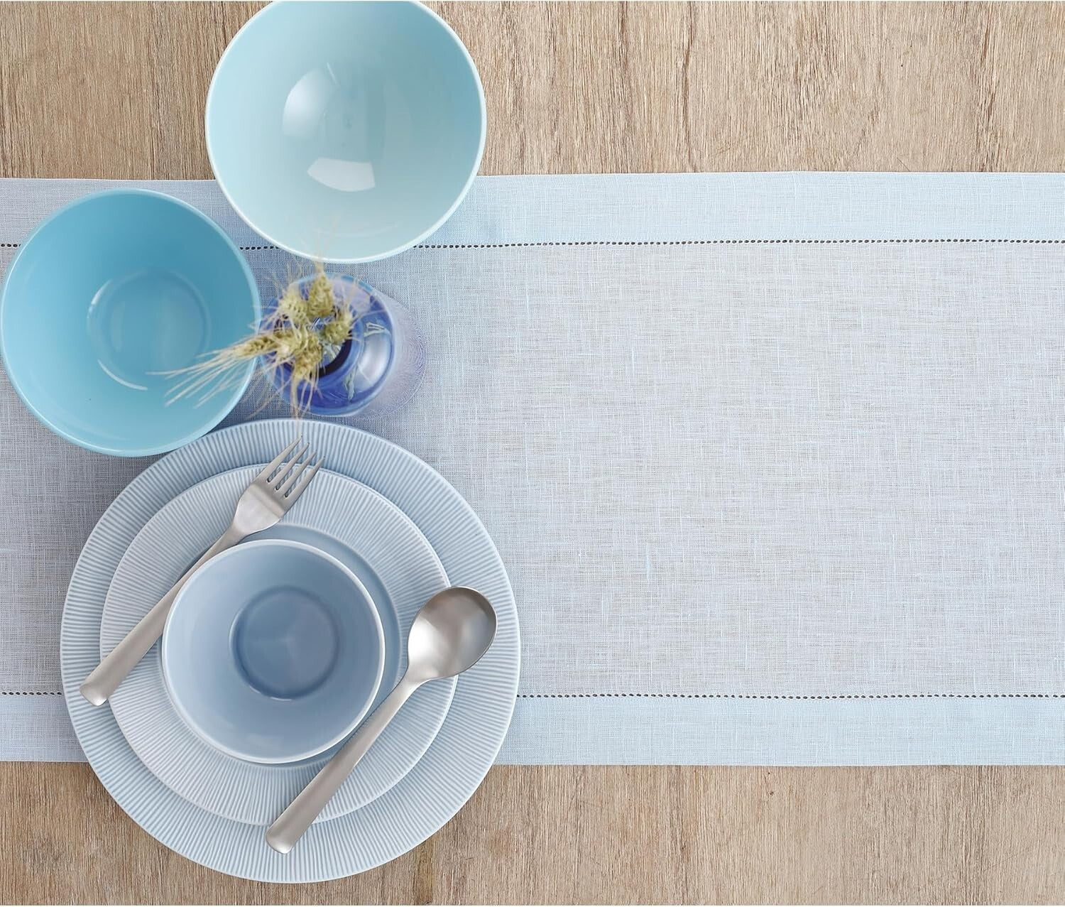 Elegant Light Blue 14 x 132 Inches Pure Linen Table Runner - Classic Hemstitch