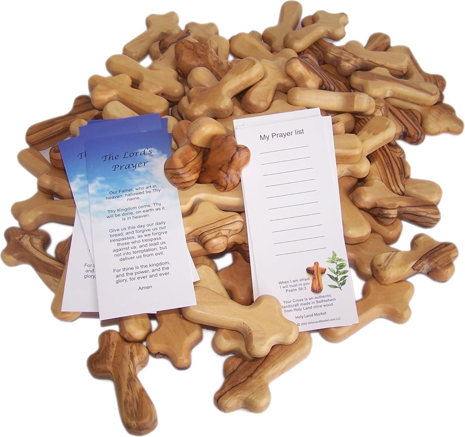 100 Handmade Olive Wood Crosses - 2.5 Inch Pocket Crucifix with Prayer Card