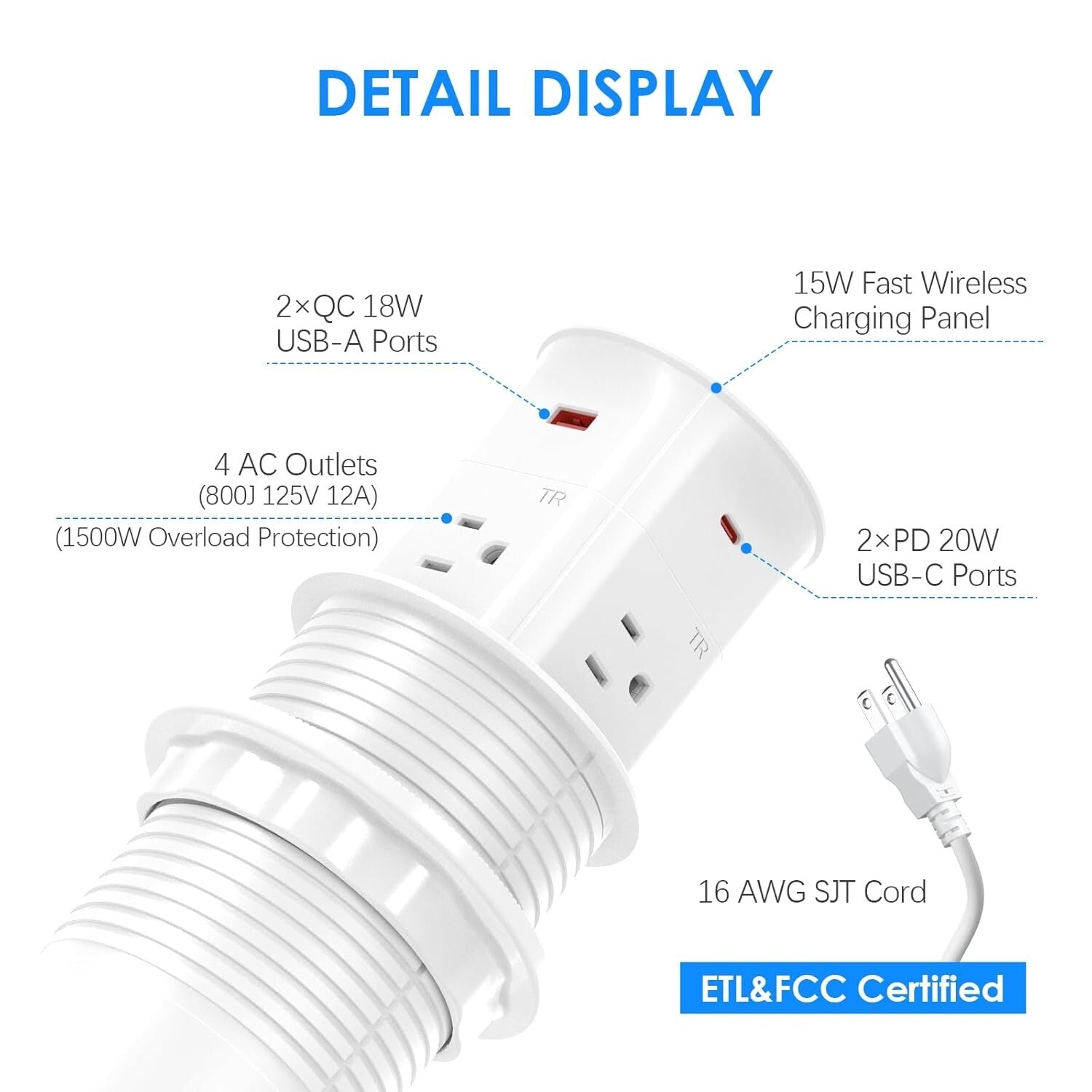 3.15" Pop-Up Countertop Outlet with 15W Wireless Charger & 800J Surge Protection
