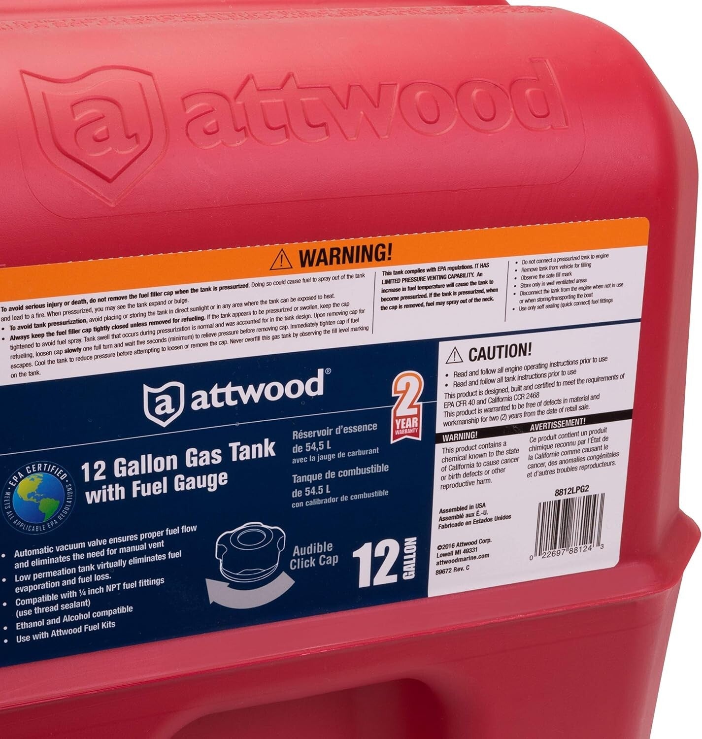 Heavy-Duty 12 Gallon Marine Fuel Tank with Vacuum Valve & EPA Certification
