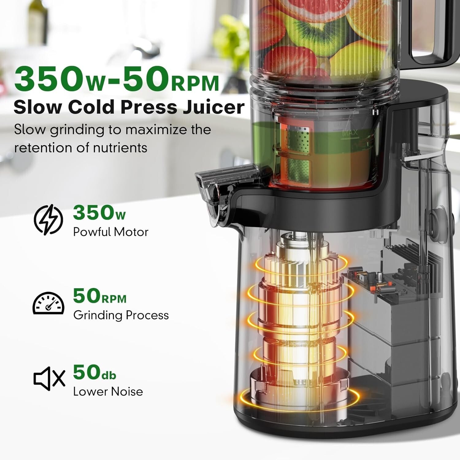 Efficient & Safe Masticating Juicer - 1.6L Capacity Cold Press Juicer in Black