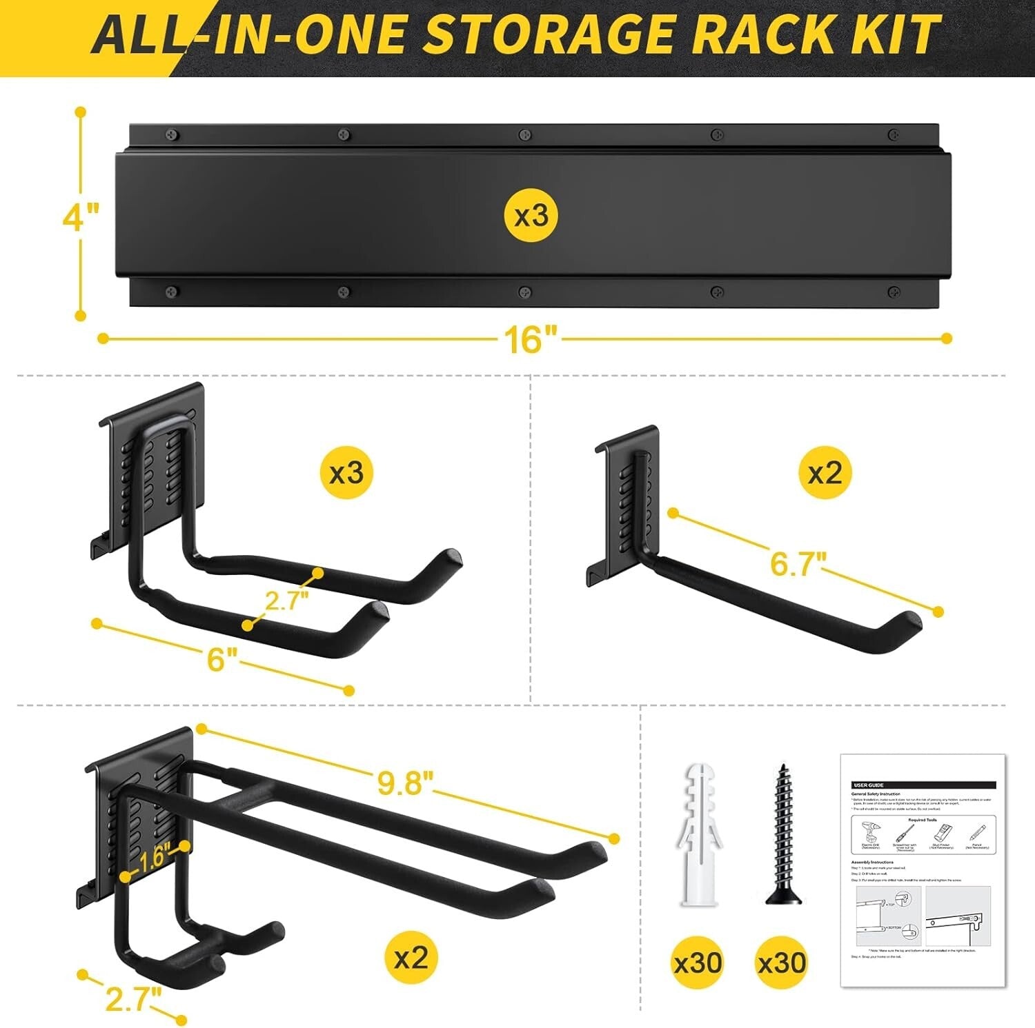 48" Adjustable Garage Storage Rack with Heavy-Duty Hooks for Tool Organization