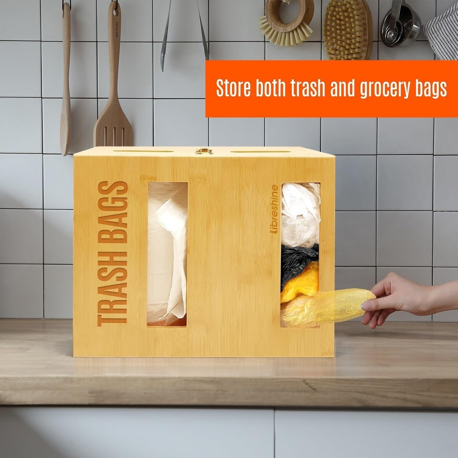 Space-Saving Bamboo Trash Bag Organizer for Kitchen and Garage - Bundle Included