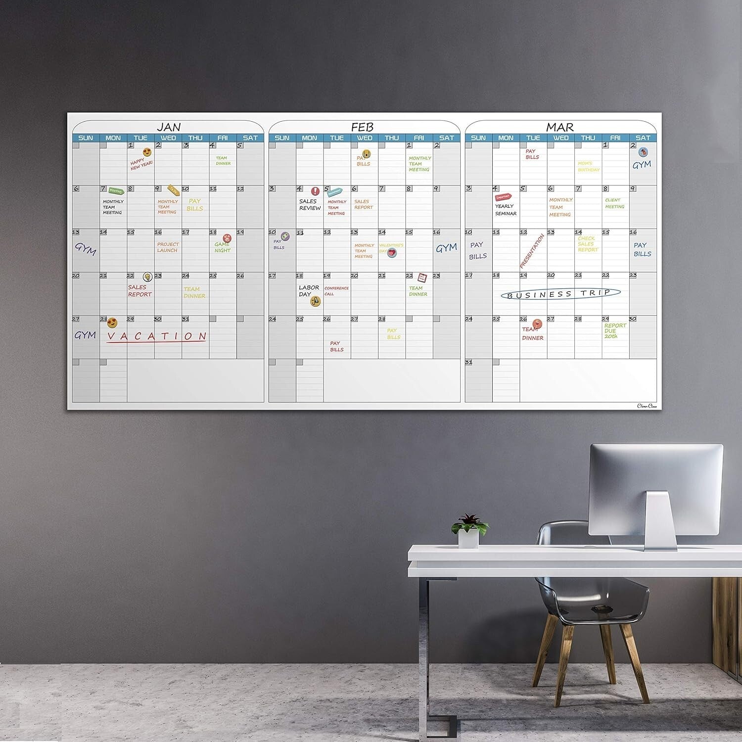 Extra Large 36"x72" Dry Erase Wall Calendar - 3-Month Organizer for Home/Office