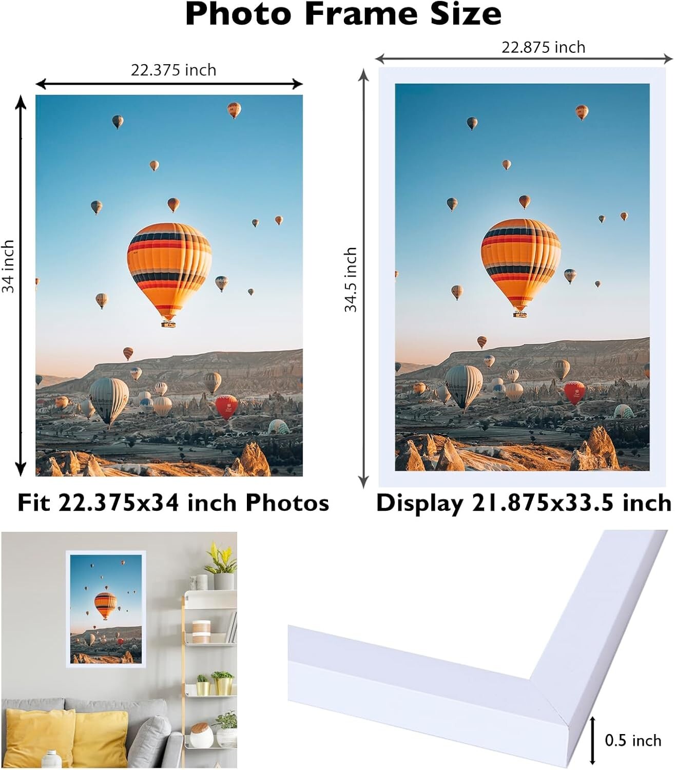 Elegant 22.375x34 White Photo Frame for Wall Art - Horizontal & Vertical Use