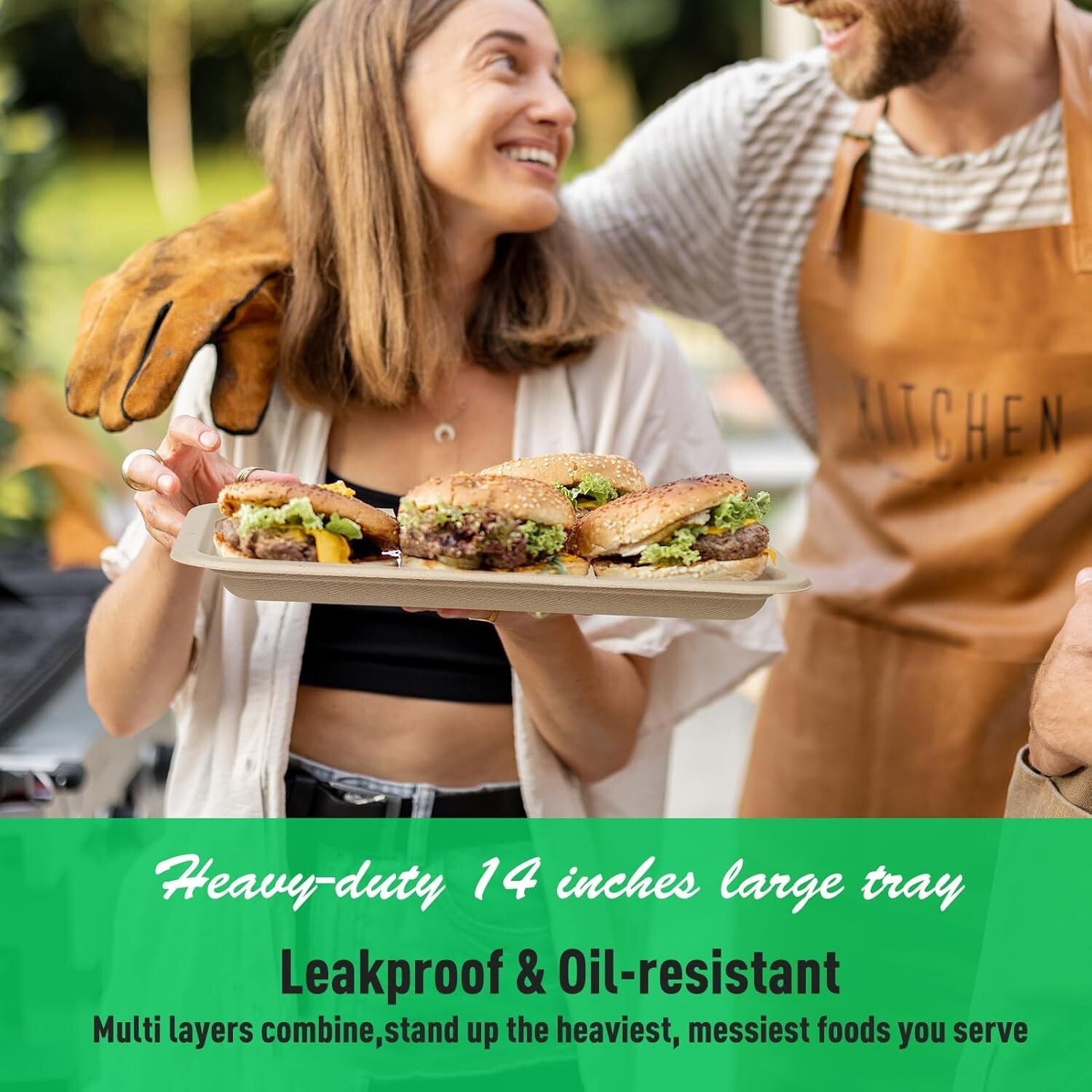 Heavy-Duty 14 Inch Compostable Food Trays - 100 Pack Natural Sugarcane Plates