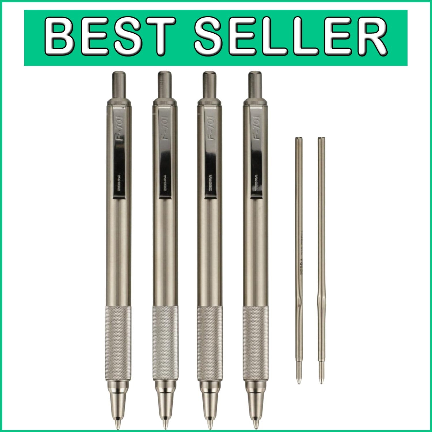 F-701 Retractable Ballpoint Pen 4-Pack - Stainless Steel, Fine 0.8mm Black Ink