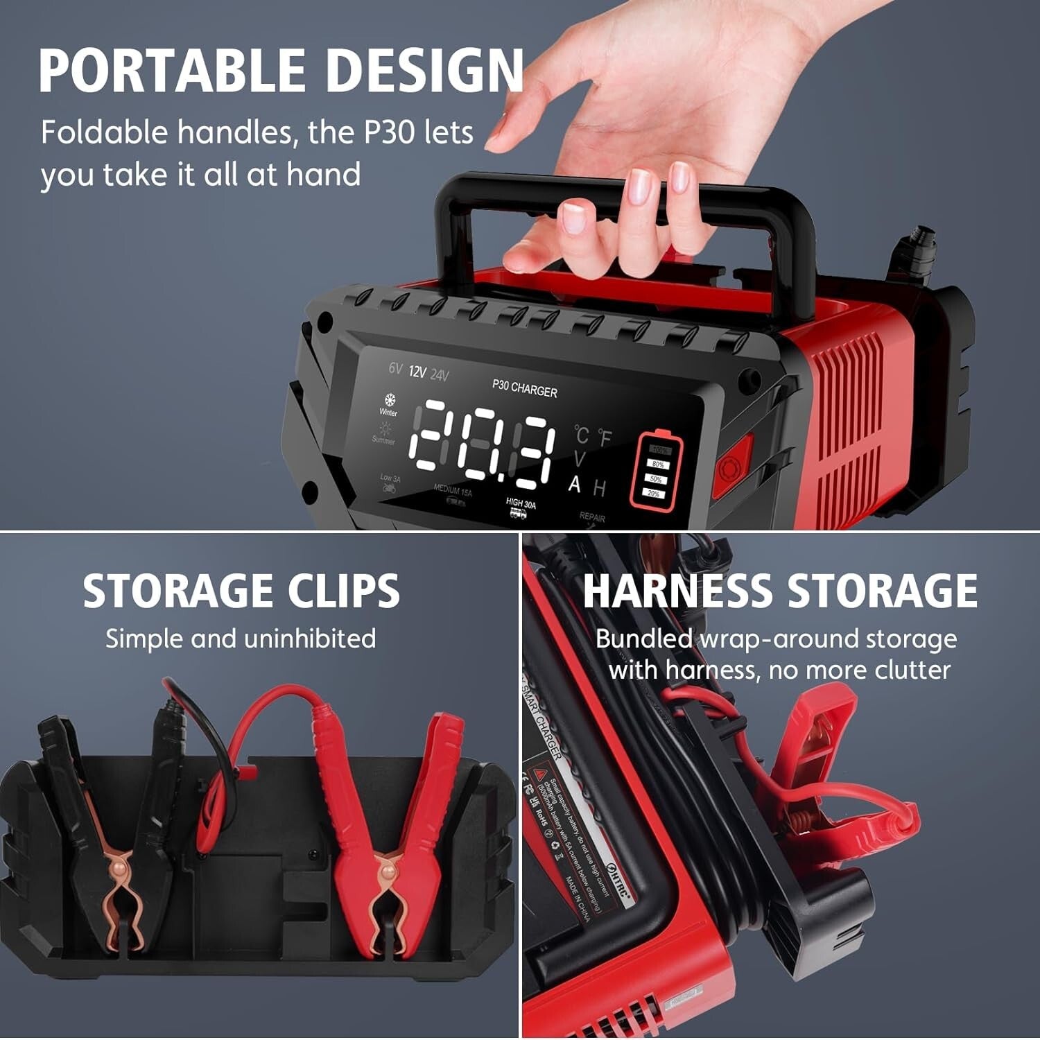 30 Amp Smart Lithium Battery Charger for 6V/12V/24V Vehicles – Portable & Safe