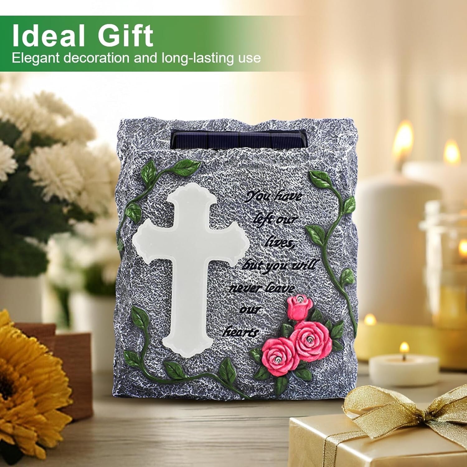 Elegant Solar-Powered Memorial Stepping Stone with Cross and Floral Carvings