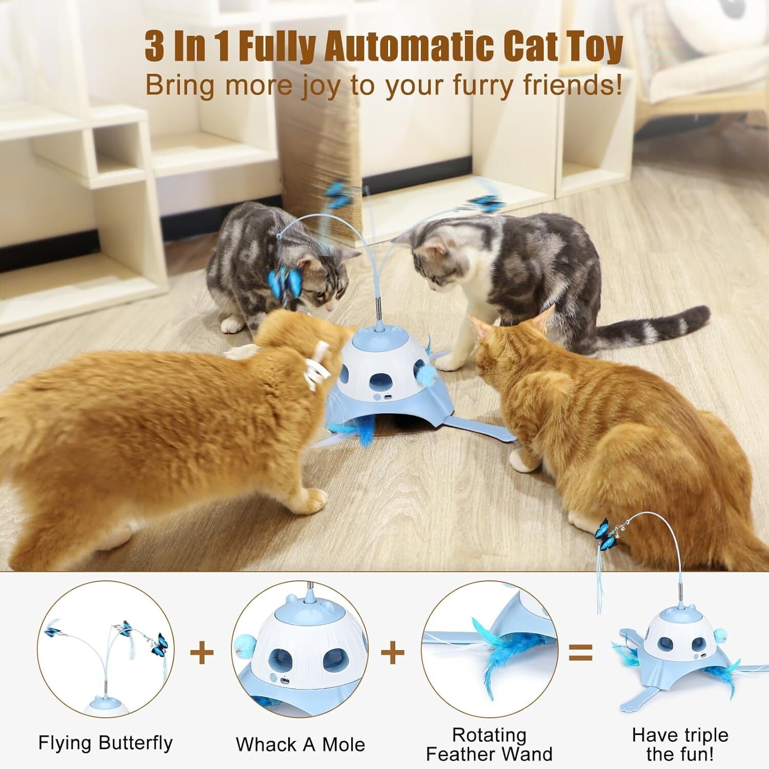 Multi-Cat Friendly Automatic Cat Toy: Whack-a-Mole, Butterfly, Feather Action