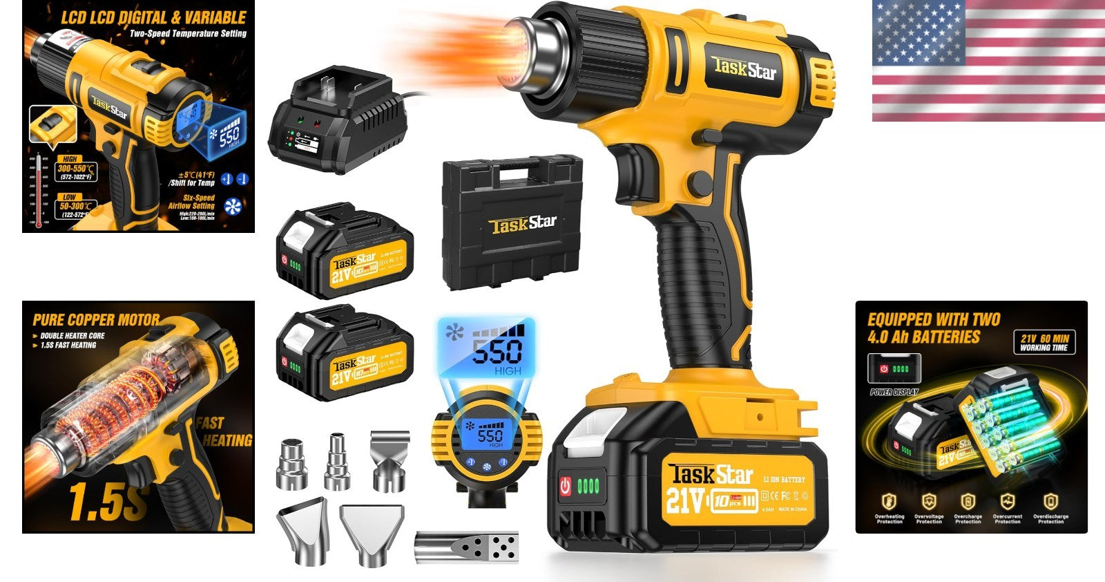 Efficient Cordless Heat Gun with Non-Slip Grip & 6 Nozzles for Every Project