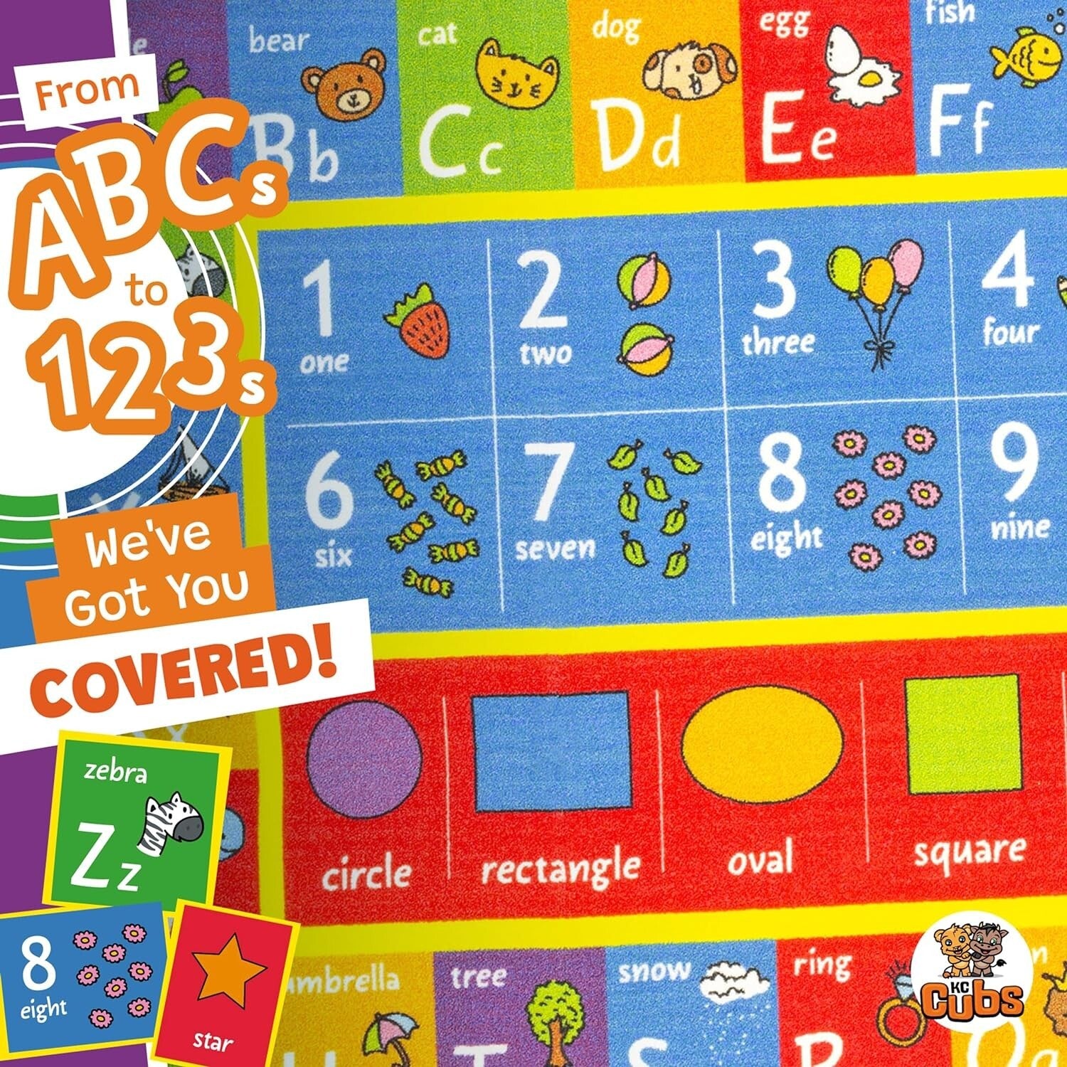 Vibrant Non-Slip Kids Educational Rug - ABC Numbers Shapes Carpet 7'10" x 9'10"