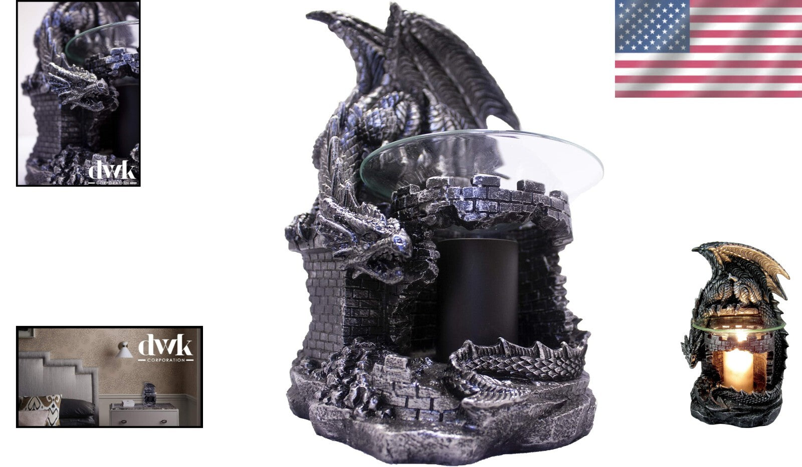 Black Dragon Castle Electric Oil Burner with Dimmer Switch & Halogen Bulb