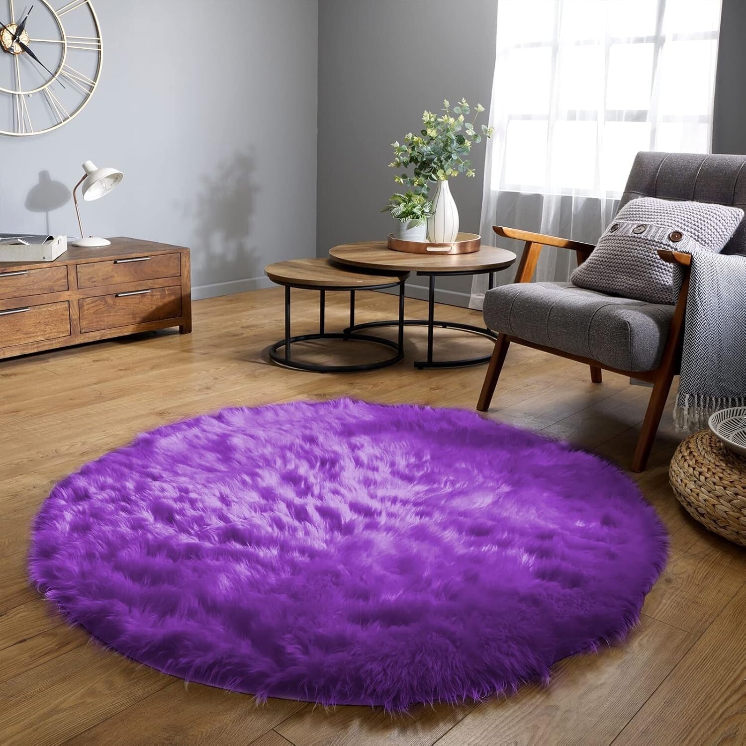 5ft Round Fluffy Purple Faux Fur Rug - Stylish Boho Decor for Living Spaces