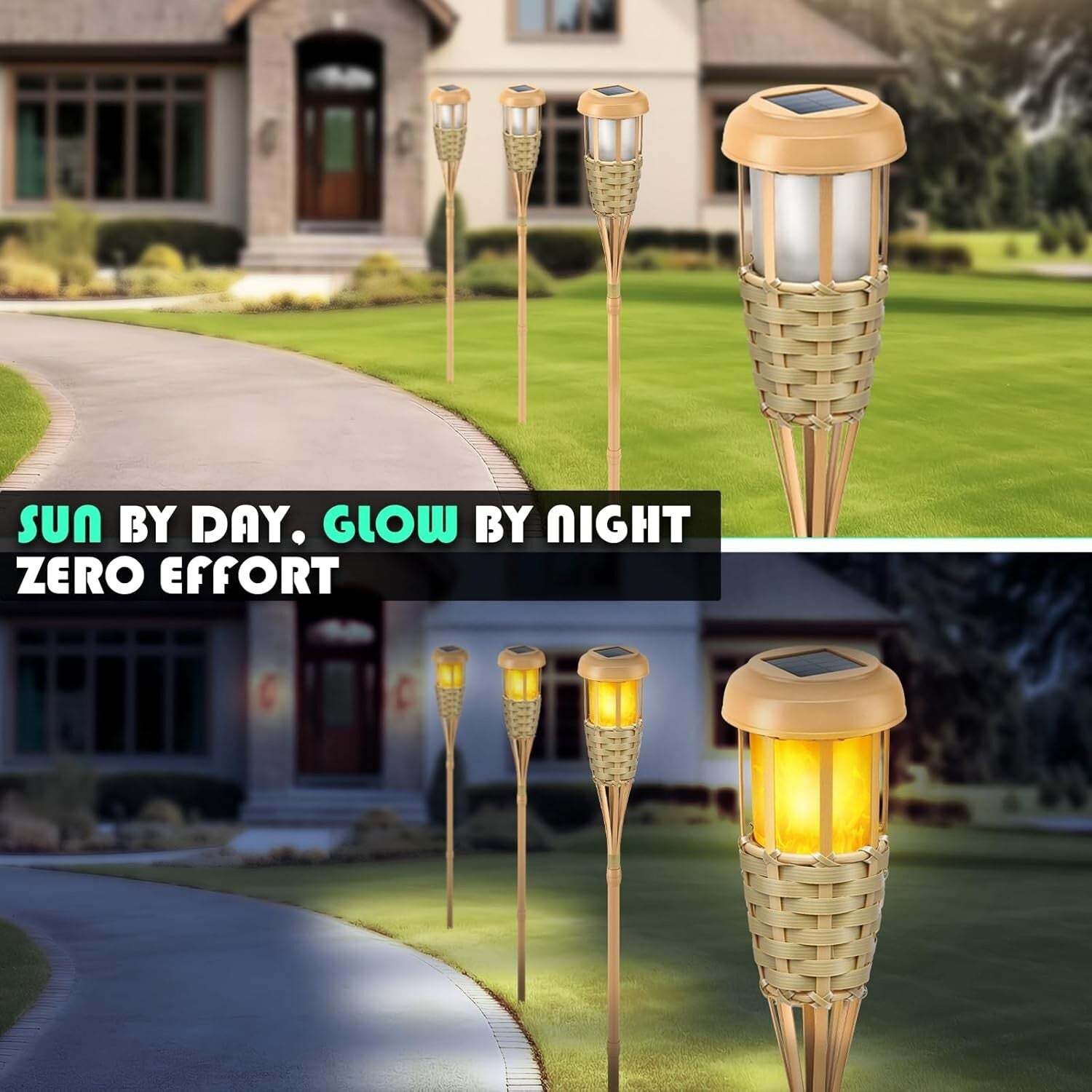 6 Pack Solar Outdoor Torch Lights with Flickering Flame - Adjustable Height