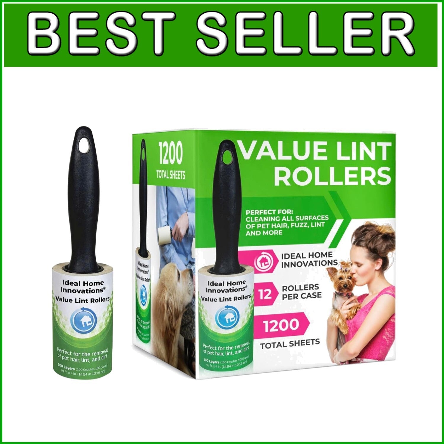 12-Pack Extra Sticky Lint Rollers for Pet Hair, Furniture & Clothing - Easy Peel