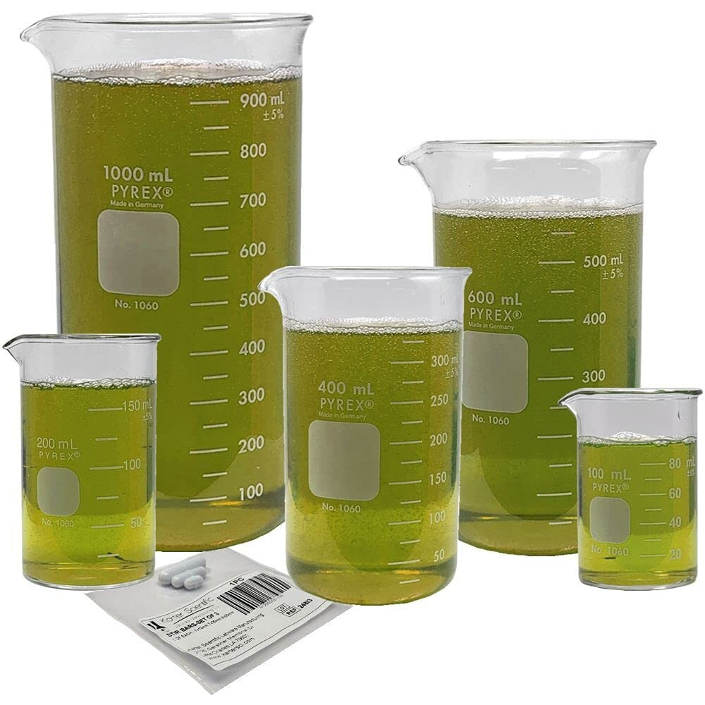 5-Piece Corning Pyrex Beaker Set with Magnetic Stir Bars - Tall Berzelius Style