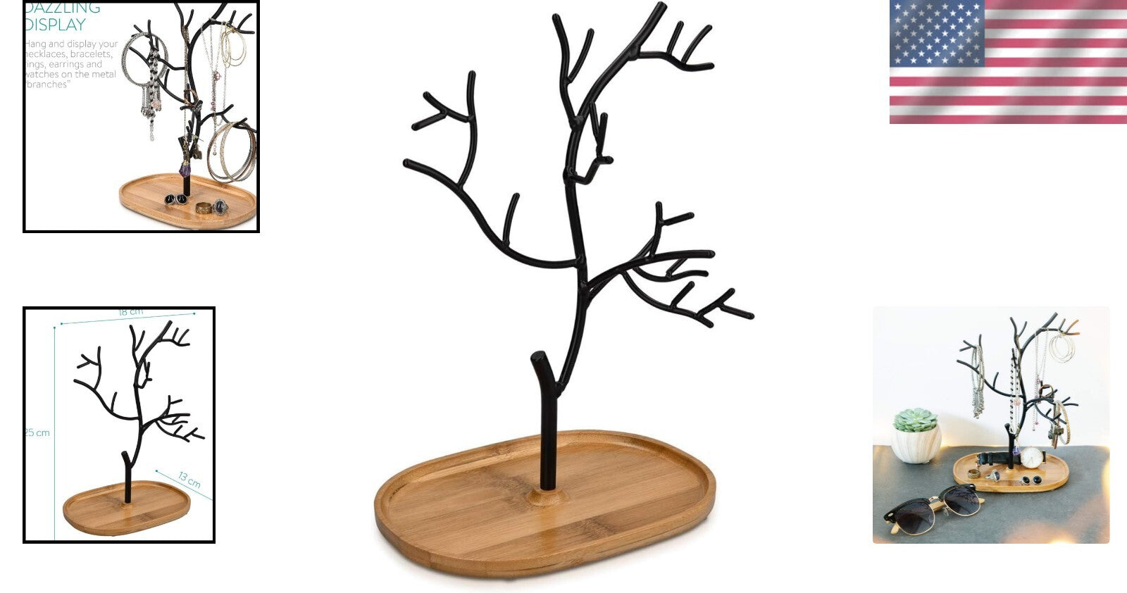Fashionable Jewelry Organizer with Tree Design & Freestanding Bamboo Dish Base