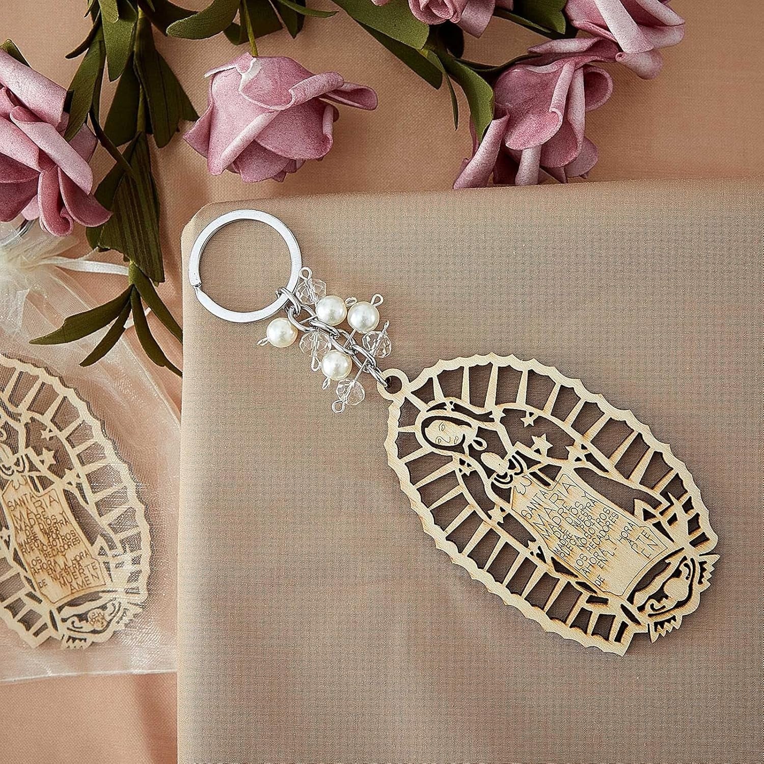 Set of 50 Our Lady of Guadalupe Wood Keychains in Organza Bags for Baptism