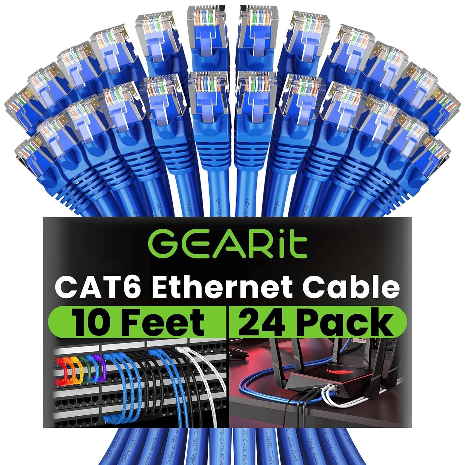 Durable 24-Pack Cat 6 Ethernet Patch Cords - 10 Feet, Snagless & ETL Verified