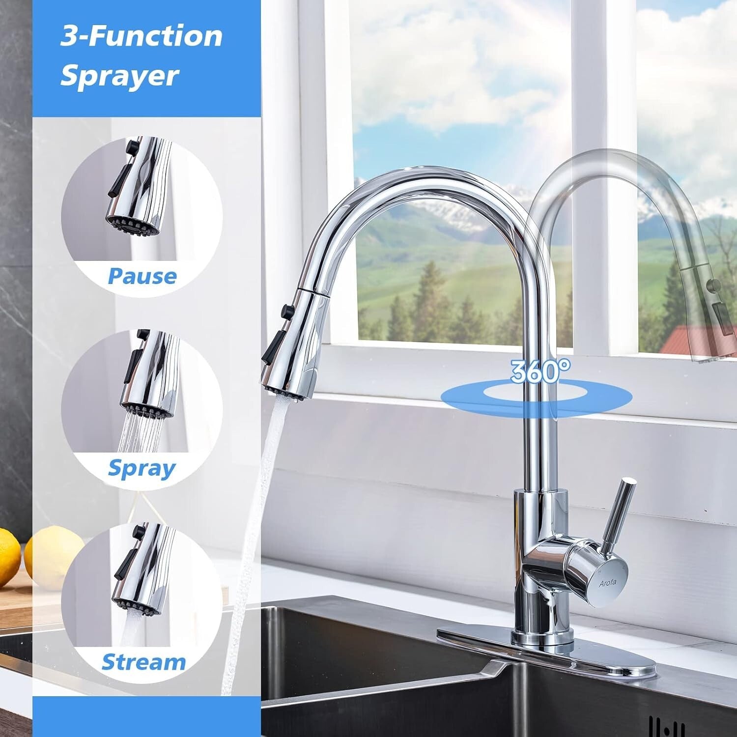 Chrome Pull Down Kitchen Faucet with 3-Function Sprayer for Efficient Cleaning
