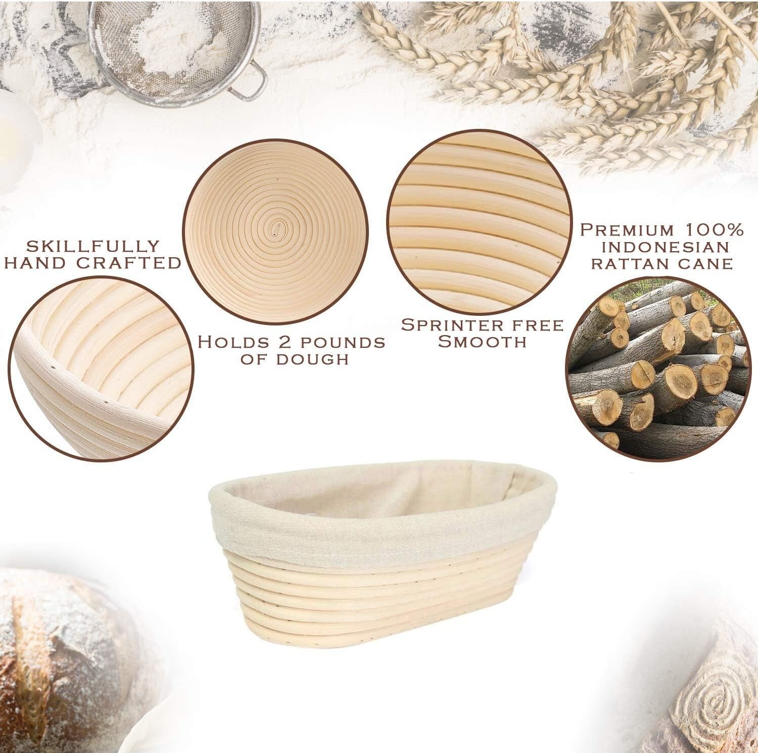 Premium Rattan Banneton Proofing Basket Set with Whisk, Scrapers & Scoring Tool