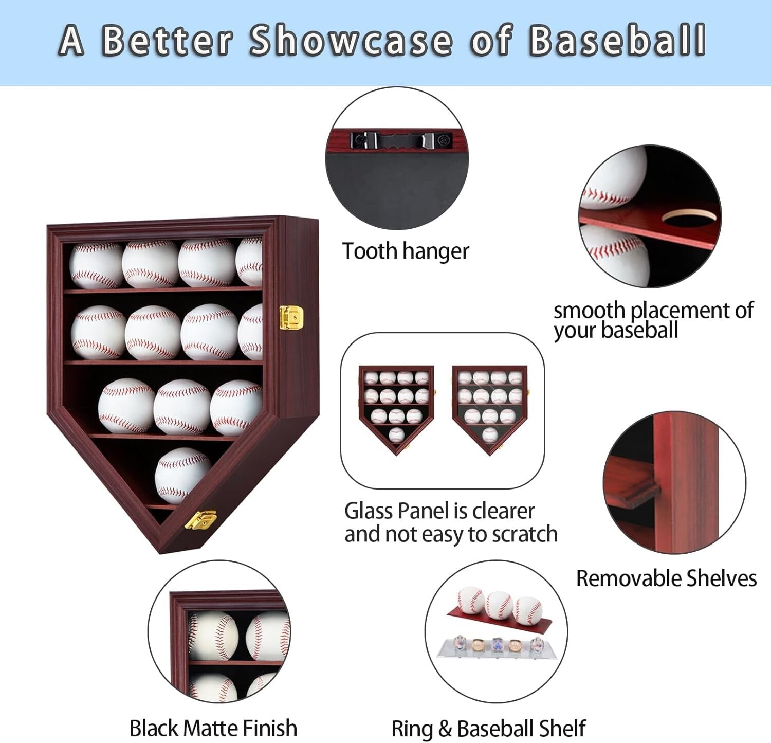 Wall-Mounted Baseball Display Case to Showcase 12 Balls & 5 Championship Rings