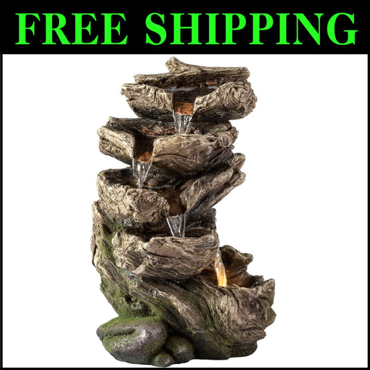 5-Tier Brown Indoor Waterfall Fountain: Tranquil Tabletop Decor with Lights