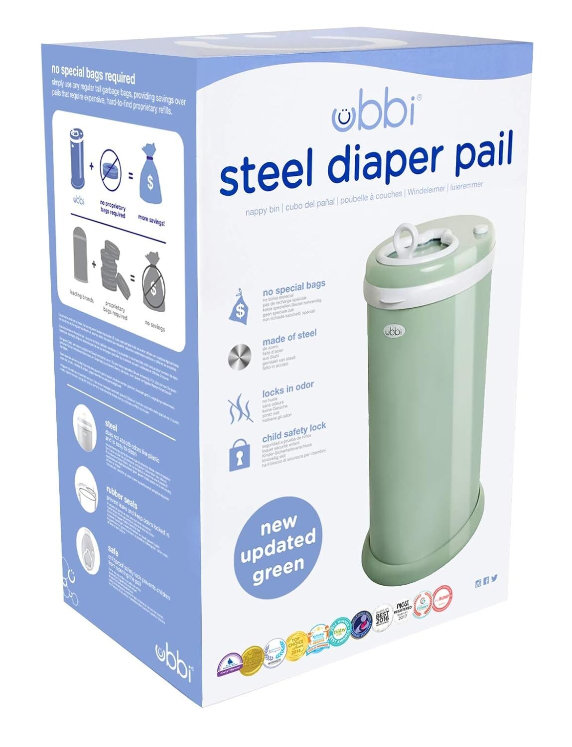 Essential Sage Green Diaper Pail - Innovative Odor Control Without Special Bags