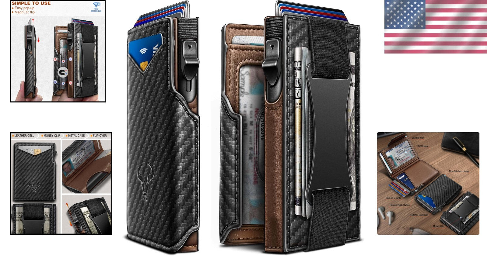 Men's Carbon Fiber Leather Wallet - Magnetic Flip, Pop-Up Cash & Card Holder