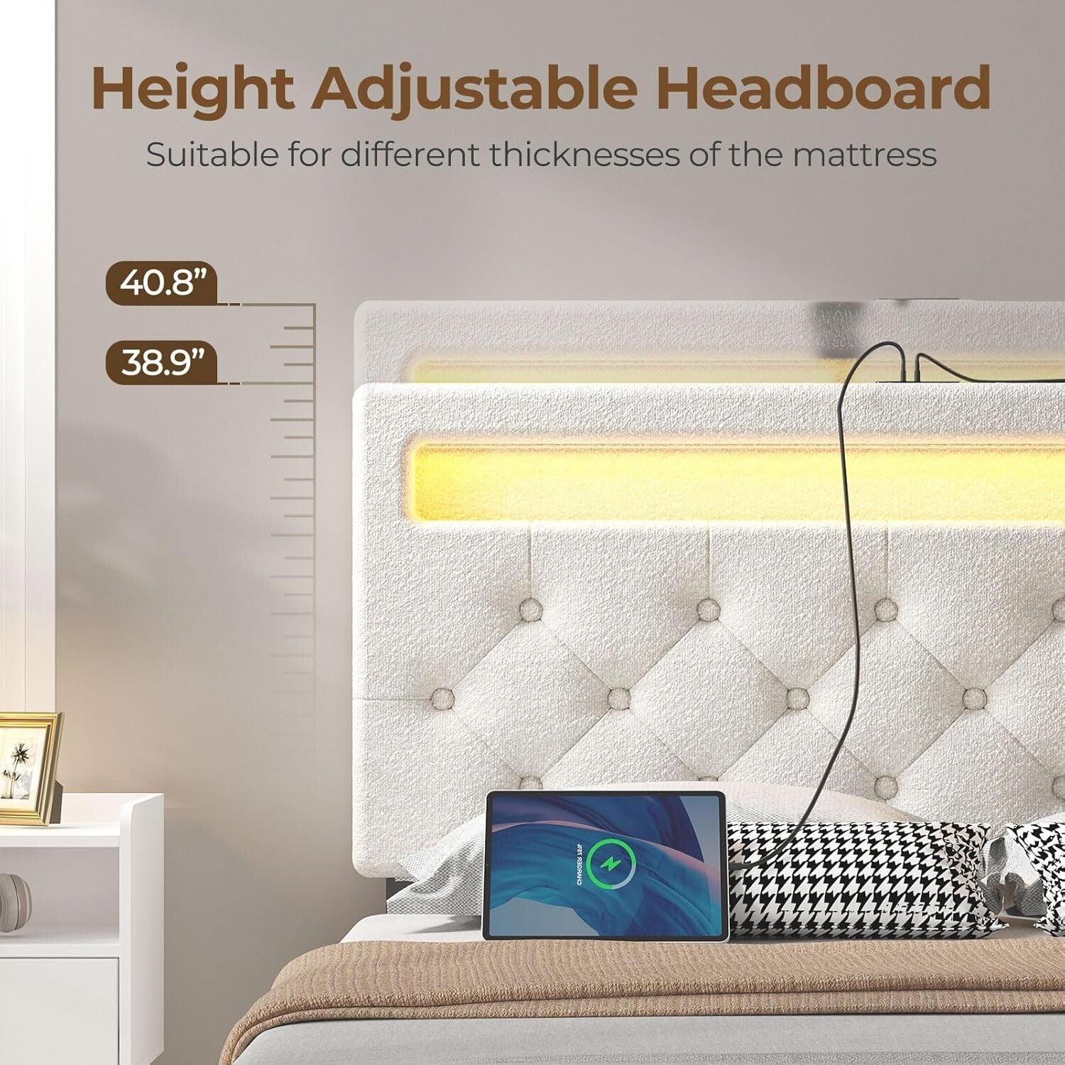 Adjustable Twin Bed Frame with RGB LED Lights & 4 Storage Drawers in White