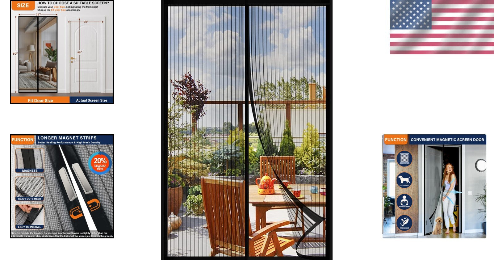 Durable Black Magnetic Screen Door - Fits Up to 72x80 Inches, No Tools Needed