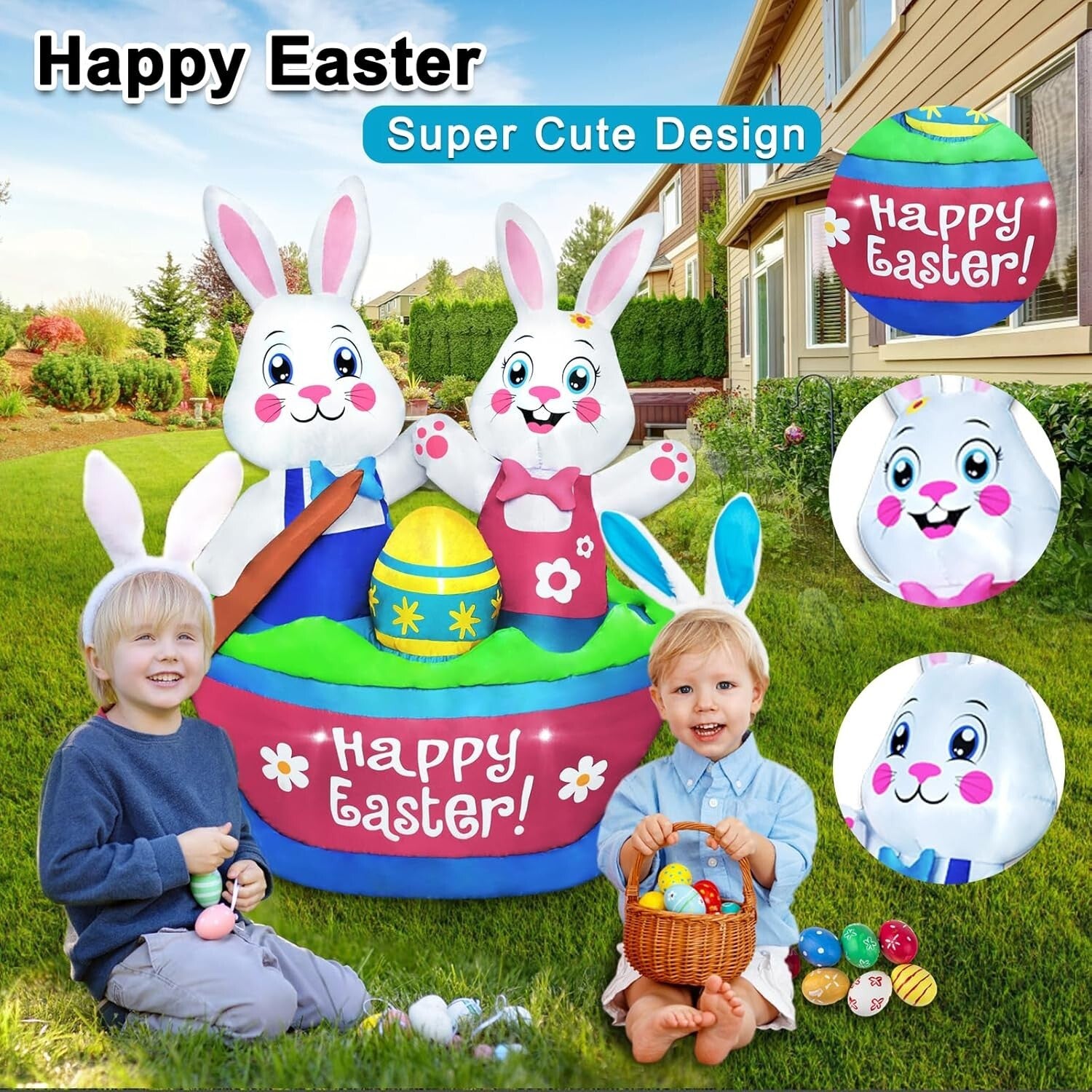 Easy Setup 5FT Easter Bunny Inflatables with LED Lights - Fun Yard Decoration