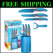 Load image into Gallery viewer, 5-Piece Kids Cooking Set: Safe Blue Knives, Peeler &amp; Holder for Young Chefs