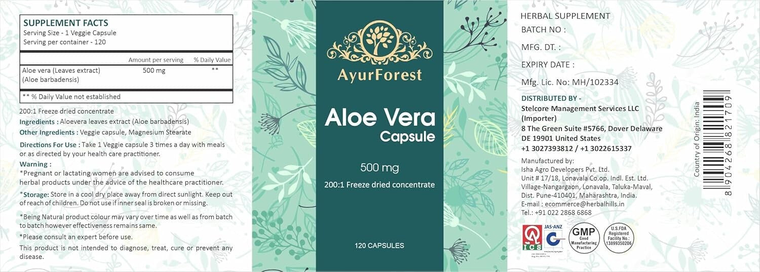 Natural Aloe Vera Health Capsules 120 Count - Digestive Aid & Skin Booster
