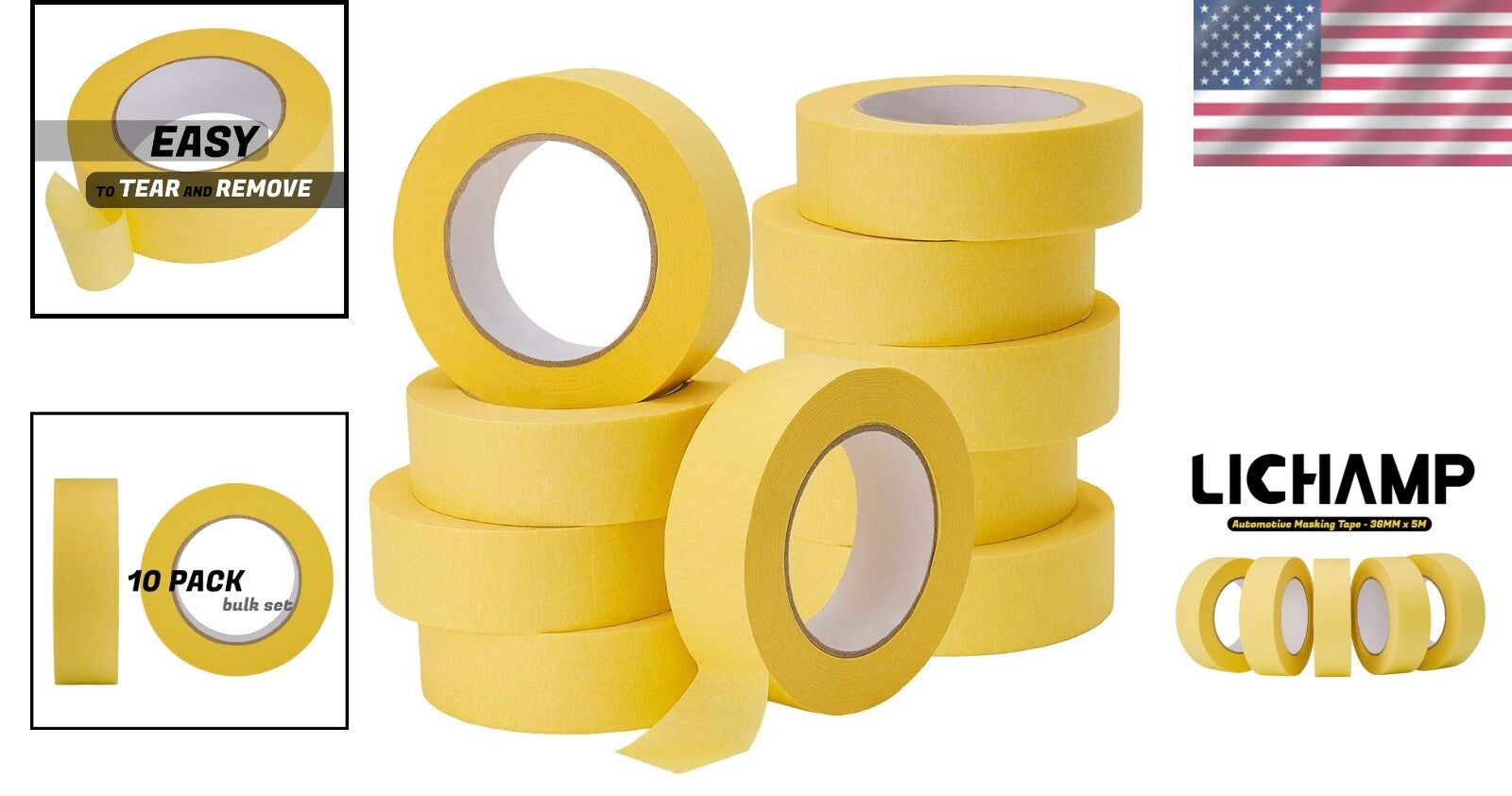 Flexible Yellow Masking Tape for Automotive Use - 10-Pack, Easy Tear Design