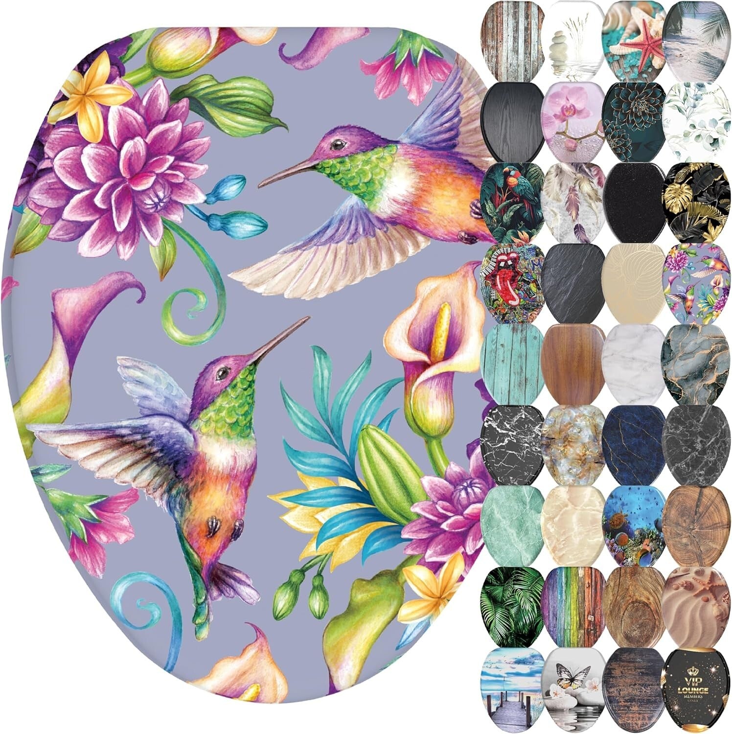 Elongated Molded Wood Toilet Seat with Beautiful Hummingbird Print - Soft Close