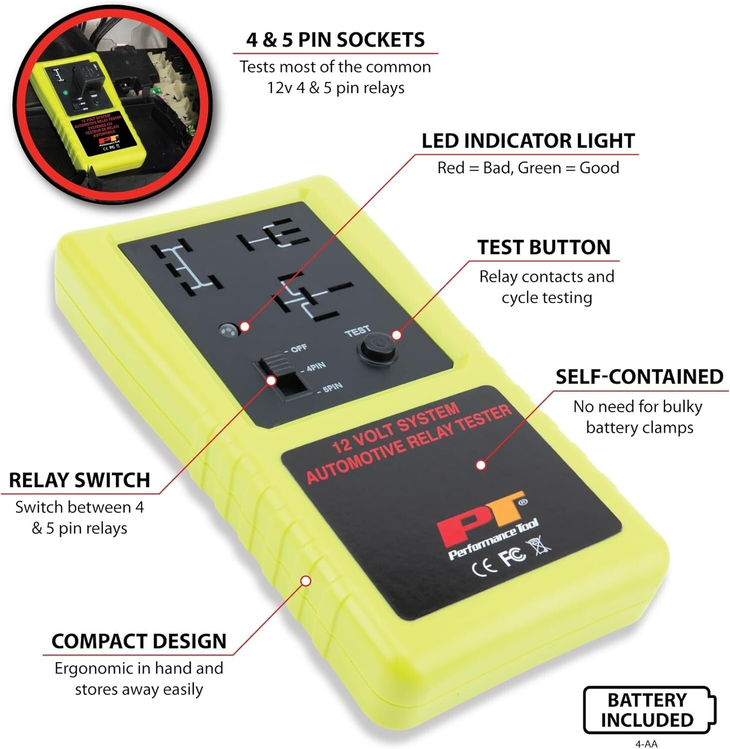 Lightweight Cordless Relay Tester for 12V Automotives - Green/Red LED Alerts