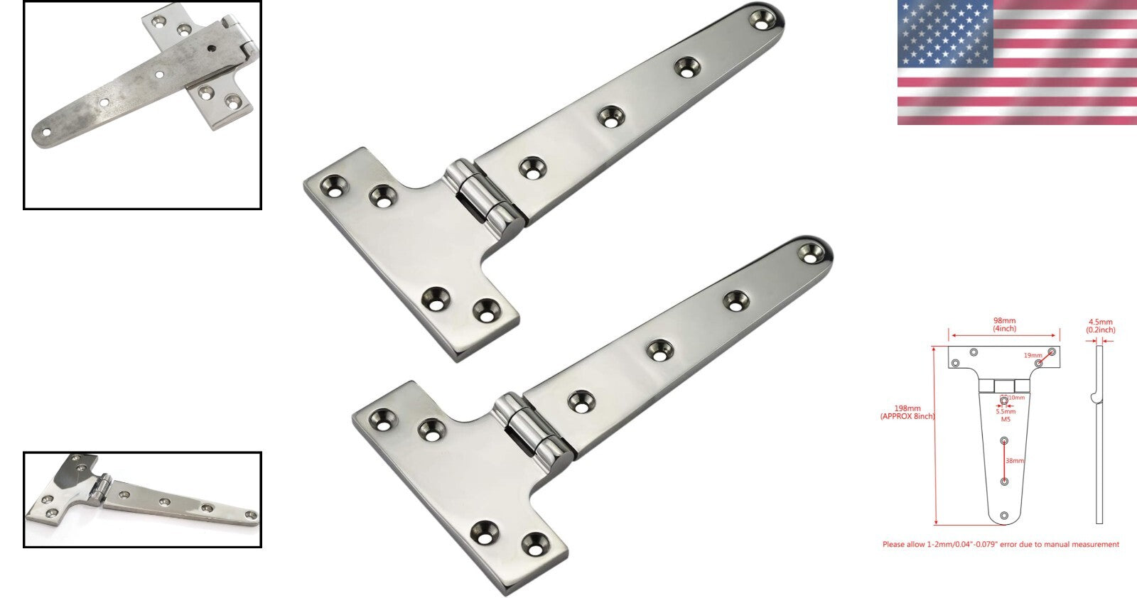 8" Heavy Duty Cast Strap Hinges - 316 Stainless Steel Marine Grade, Set of 2