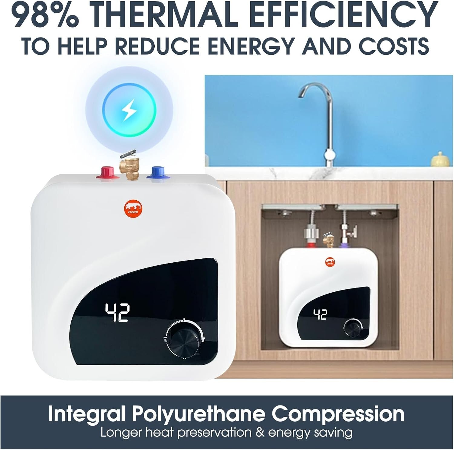 2.7 Gallon Stainless Steel Electric Water Heater with Adjustable Thermostat