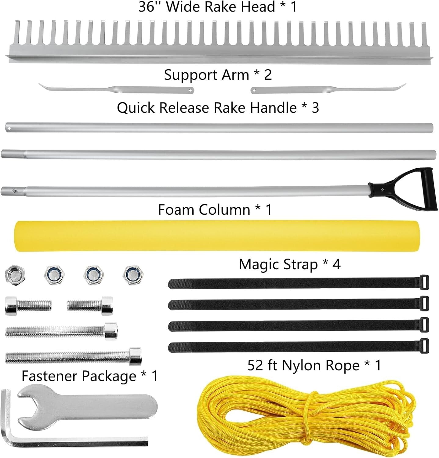 Versatile 36" Lake Rake with Detachable Handle & Weed Removal Rope - Yellow