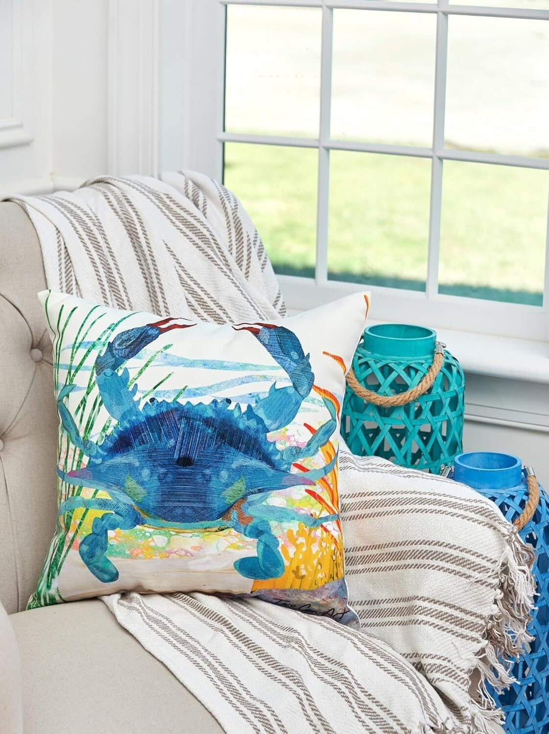 Vibrant 18x18 Blue Crab Outdoor Pillow - Perfect Nautical Decor for All Spaces