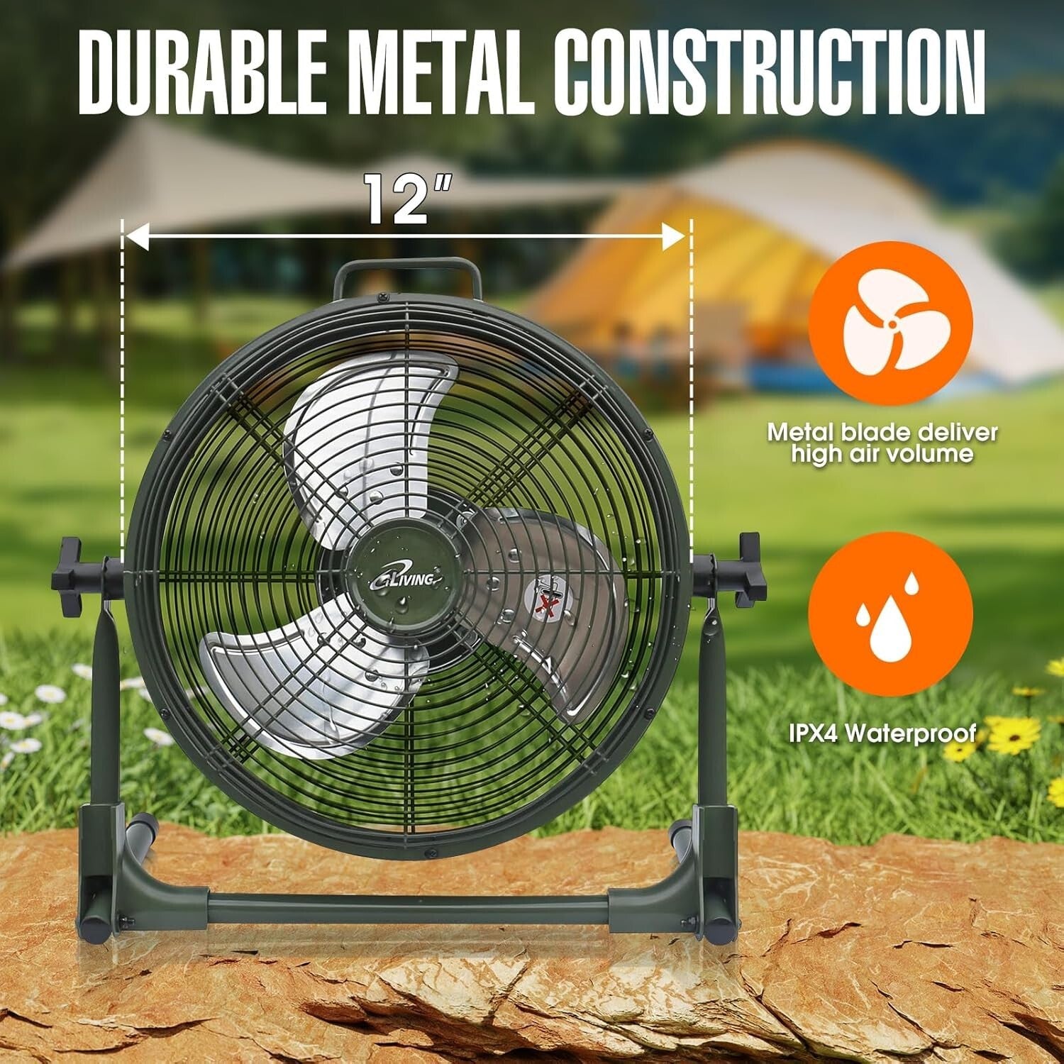 Portable Camping Floor Fan - Rechargeable 12-Inch Metal Blade High Velocity Fan