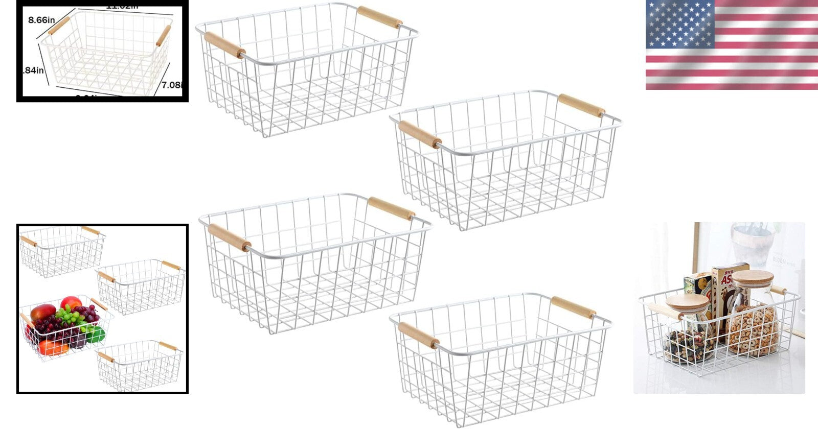 Durable New-White Wire Baskets with Handles - Perfect for Pantry and Closet
