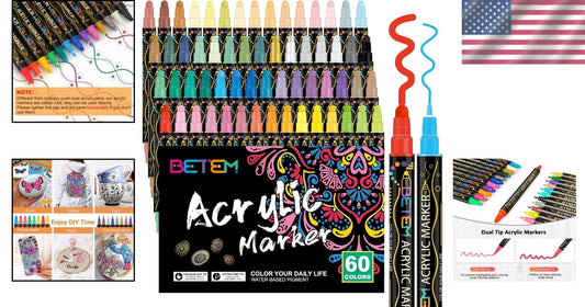 Artistic 60-Color Dual Tip Acrylic Markers - Perfect for DIY Crafts & Painting