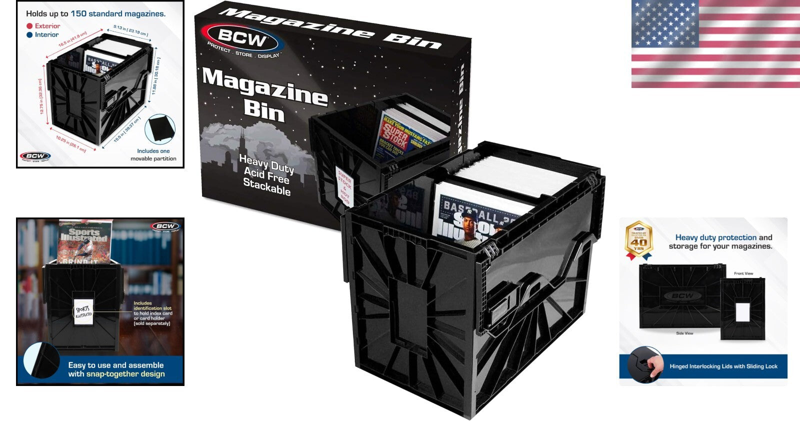 Ample Black Plastic Magazine Storage Bin with Sliding Locks for Secure Documents