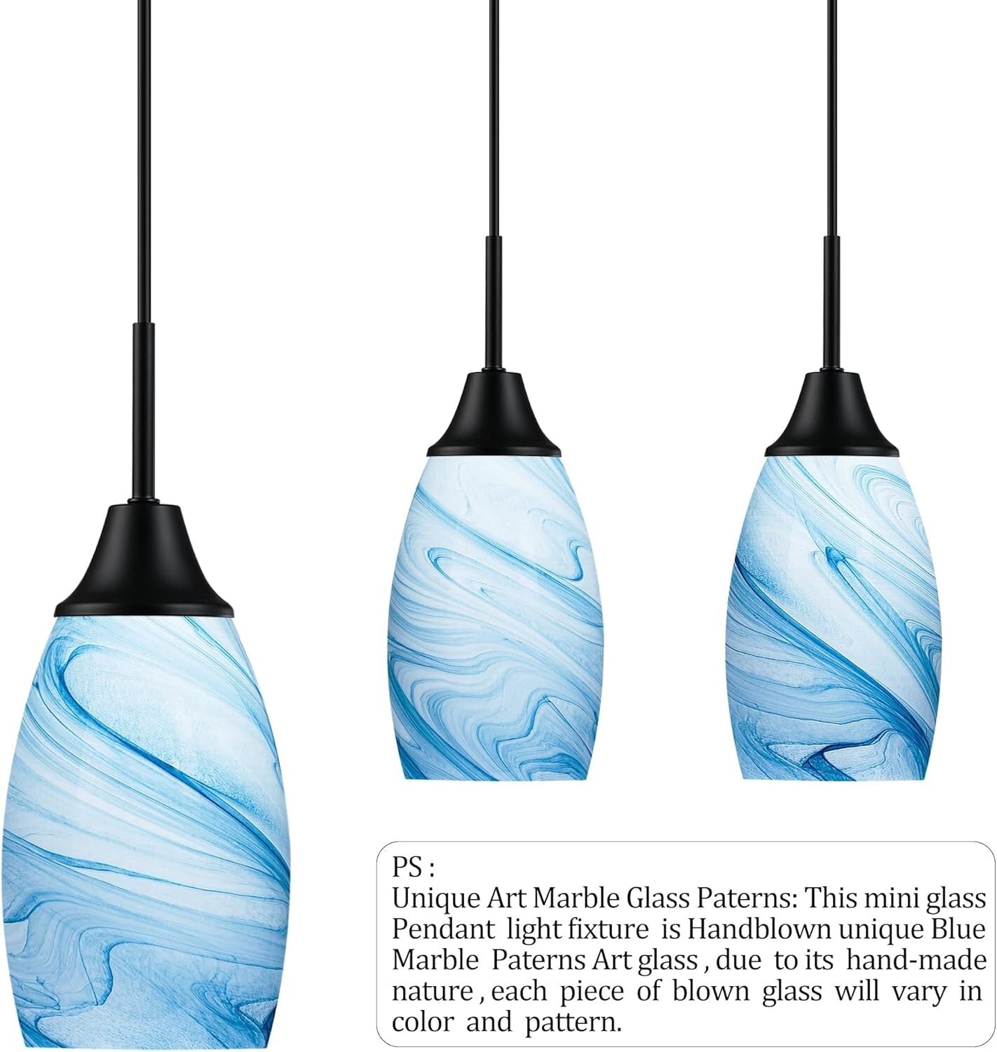 Elegant Blue Marble Art Glass Pendant Lighting - 3-Pack Adjustable Fixtures