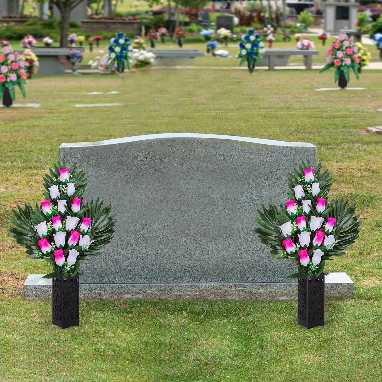 Elegant 2 Set Artificial Cemetery Flowers with Long Nail Vases - Pink & White